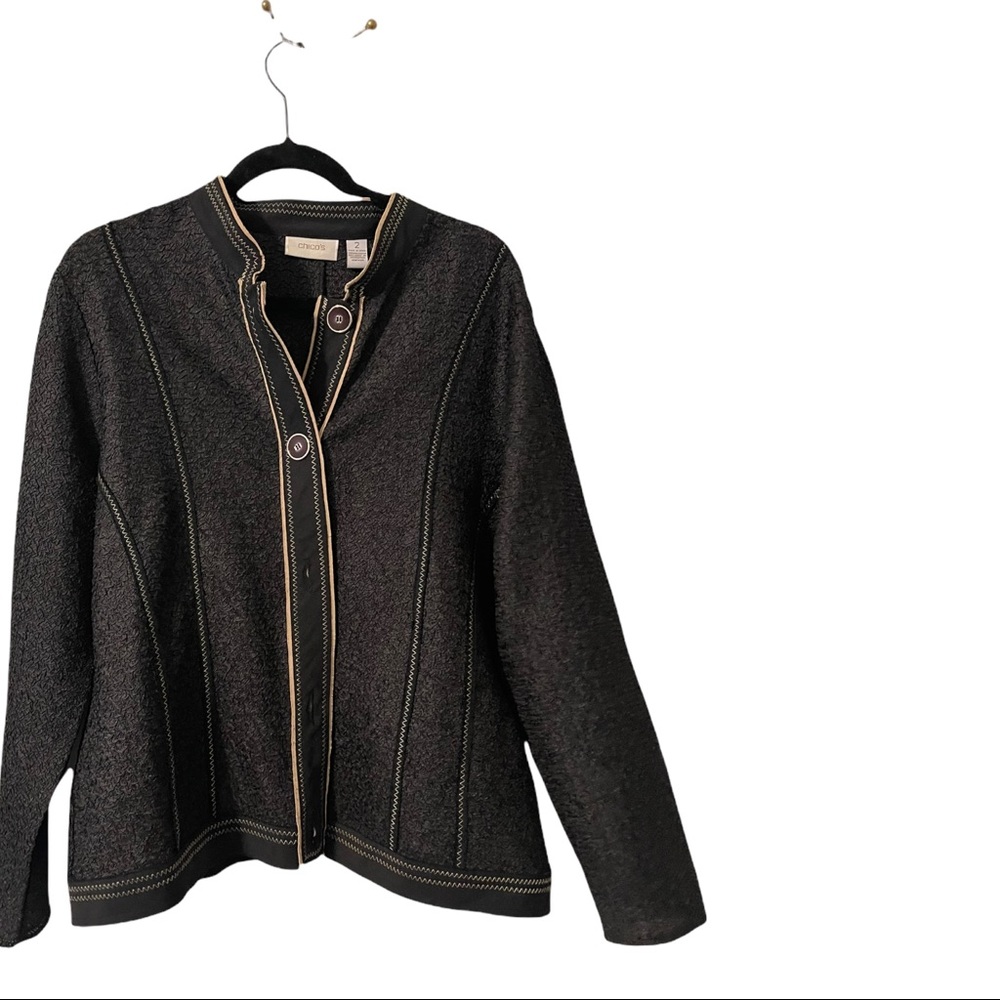 chicos 2 sz large jacket button down black tan collared polyester elastic